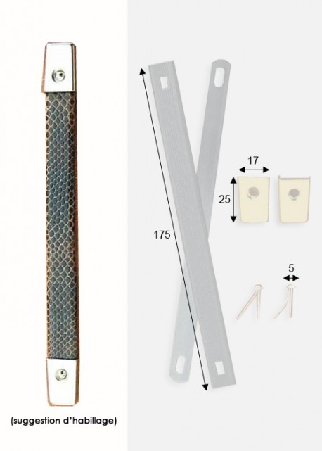 Poignées de valise à recouvrir argent (170mm) + clous de fixation + embouts