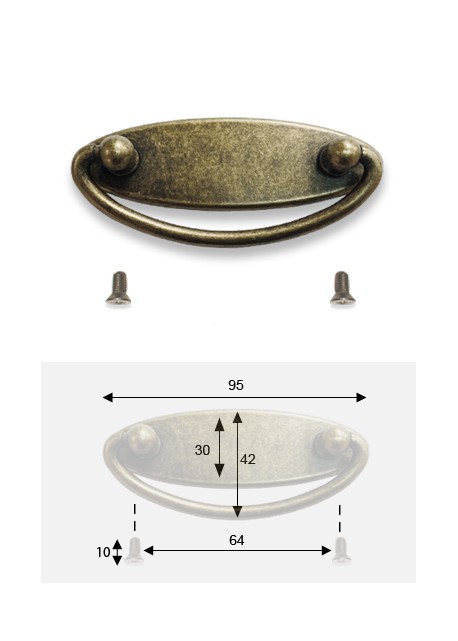 Poignée ovale S/platine bronze ancien (95x30mm) + vis