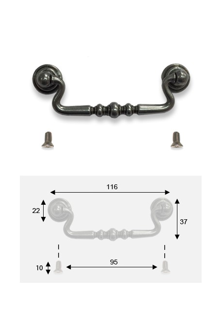 Poignée rustique métal argent vieilli (96mm) + vis