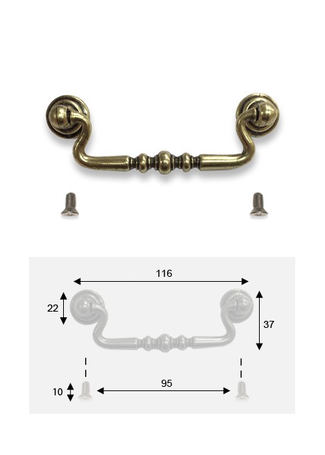 Poignée rustique métal argent vieilli (96mm) + vis