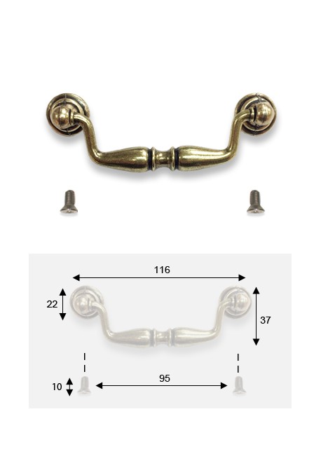 Poignée rustique métal argent vieilli (96mm) + vis