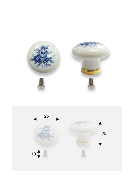Bouton porcelaine blanche fleur bleue sur socle laiton