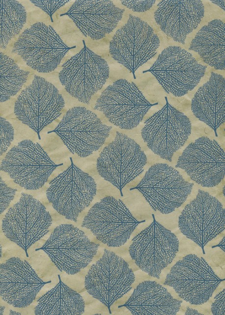 Lokta empreinte de feuilles bleues fond beige (50x75)