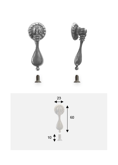 Poignée bouton pendant goutte argent vieilli (60x23) + vis