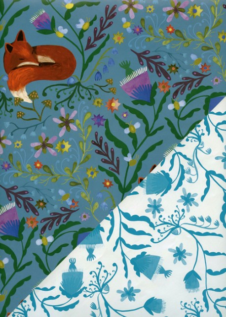 Recto verso "Les renards fond bleu / floral bleu" (50x70)
