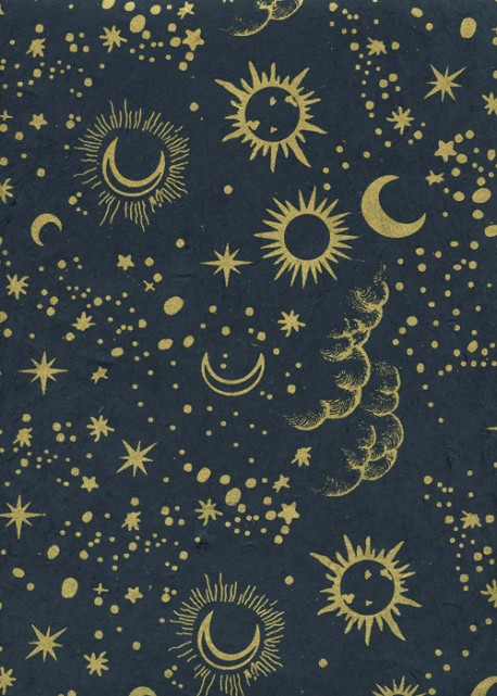 Lokta lunes et soleils or fond bleu (50x75)