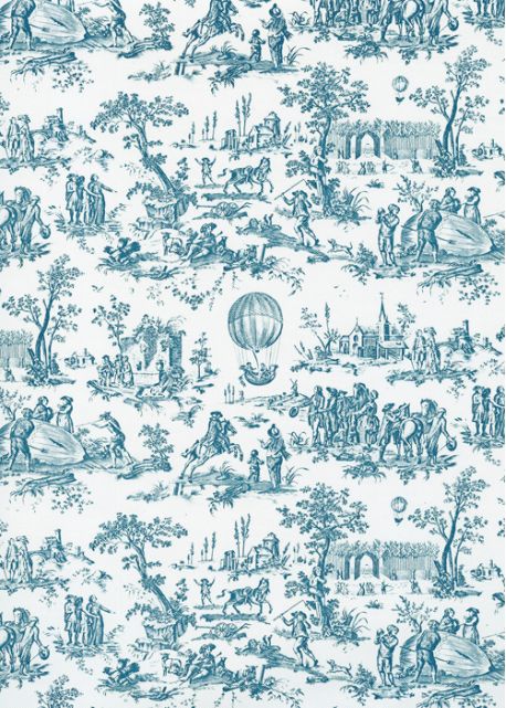 Toile de jouy montgolfière bleu pompadour (65x100)