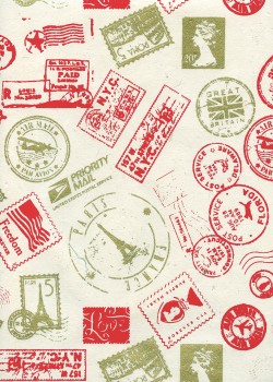 Lokta "timbres du monde" rouge et or (50x70)