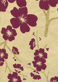 Lokta cerisier en fleurs bordeaux et or fond beige (50x75)