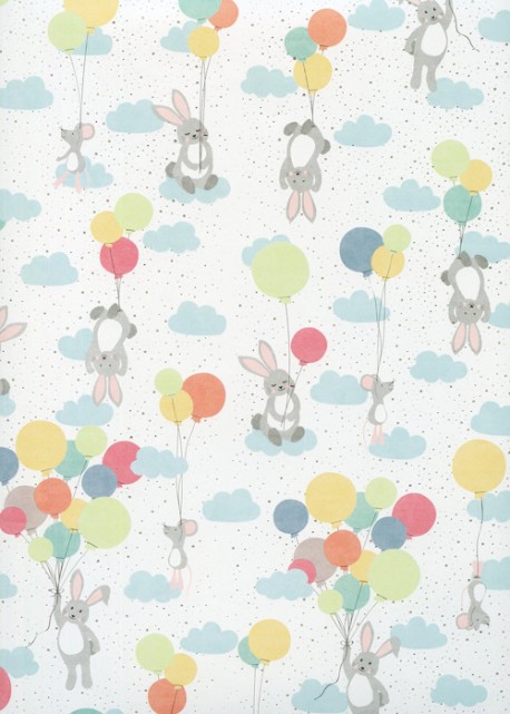 Petits lapins et ballons fond blanc réhaussé de pois argent (68x98)