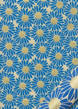 Papier lokta marguerites bleues coeur or fond naturel (50x75)