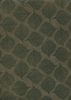 Papier lokta empreinte de feuilles noires fond kaki (50x75)