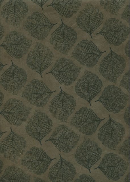 Papier lokta empreinte de feuilles noires fond kaki (50x75)