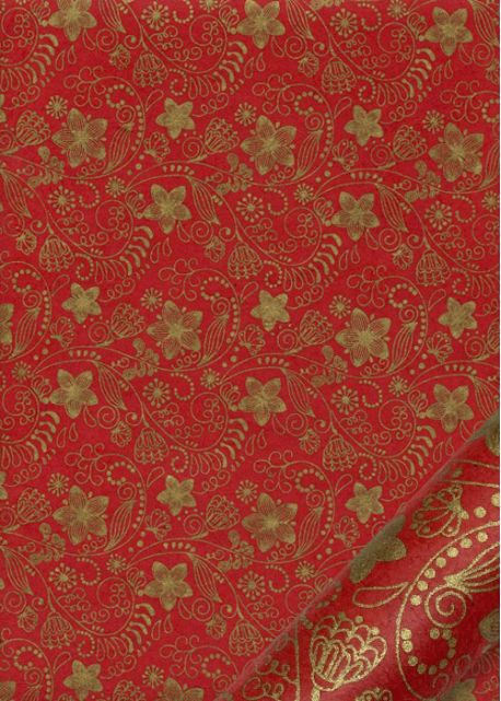 Papier lokta arabesques florales or fond rouge (50x75)