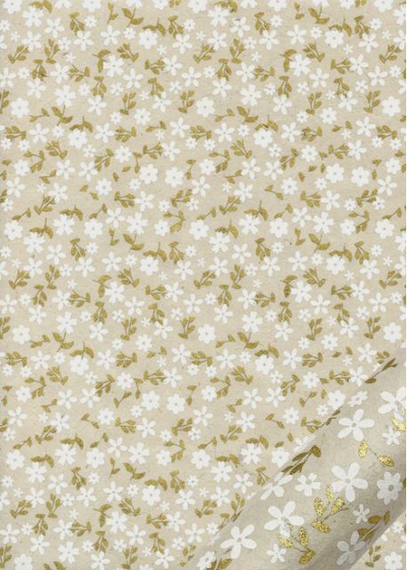 Papier lokta semis de fleurs blanches et or fond naturel (50x75)