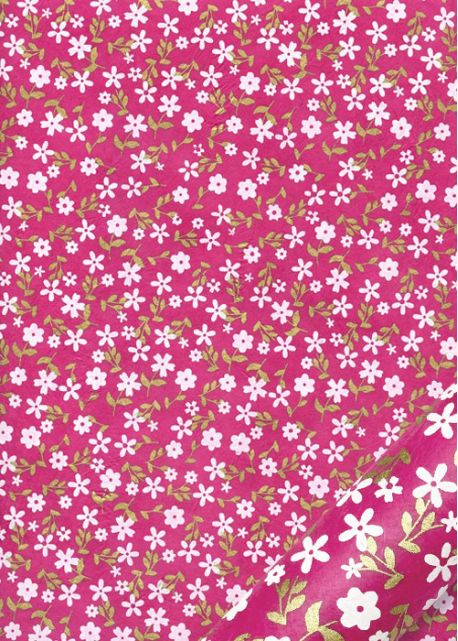 Papier lokta semis de fleurs blanches et or fond fuschia (50x75)