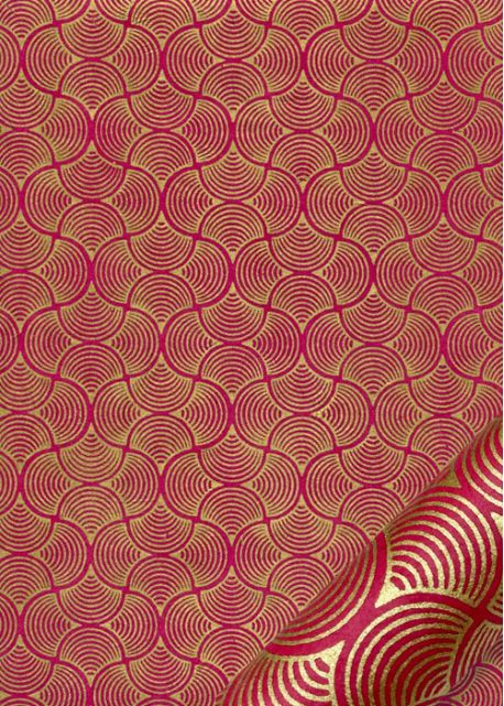 Papier lokta coquilles or fond framboise (50x75)