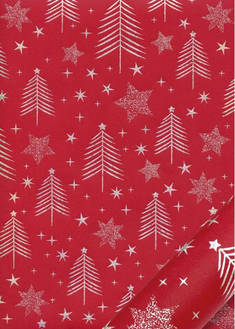 Etoiles et sapins métallisés argent fond rouge (68,5x98)