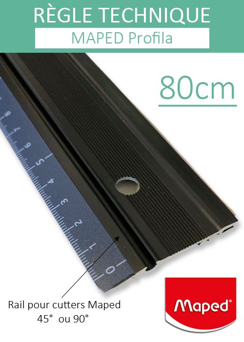 Longueur 80 cm Maped – Règle aluminium Quadra – Règle pour l'Encadrement Noir le Traçage et la Découpe avec Rebord Protège Doigts 