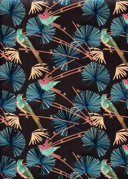 Feuilles de palmier métallisées bleu et oiseaux fond noir (50x70)