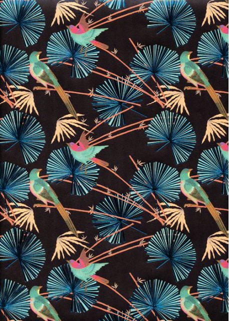 Feuilles de palmier métallisées bleu et oiseaux fond noir (50x70)