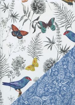 Recto verso "Oiseaux et feuillage / cachemire blanc fond bleu" (68x98)