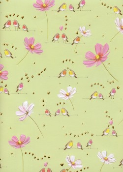 Papier Turnowsky fleurs et oiseaux fond vert tendre réhaussé or (50x70)