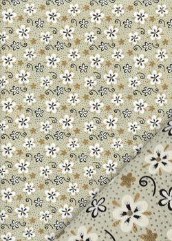 Fleurs blanches noires et or sur fond lin (50x70)