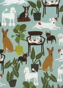 Recto verso "Les chiens au salon / feuilles vert anis" (50x70)