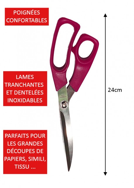 Ciseaux framboise grand modèle 24 cm pour droitier et gaucher