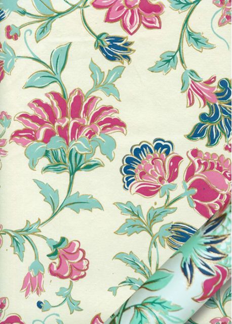 "Papier de coton" Floralies rose menthe fond ivoire (55x76)