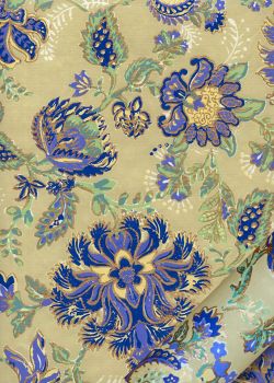 "Papier de coton" Floralies bleu et menthe fond beige (55x76)