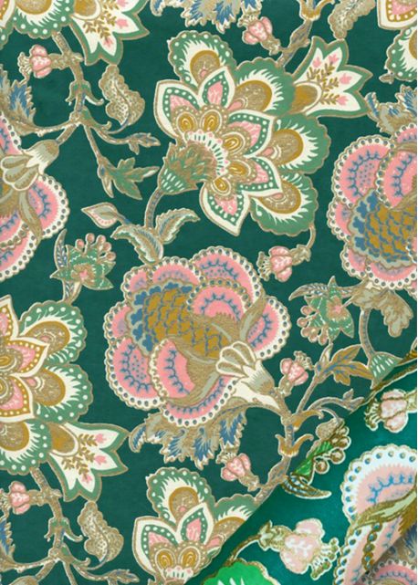 "Papier de coton" Floralies rose fond vert canard (55x76)
