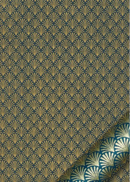 Papier lokta éventails or fond bleu paon (50x75)