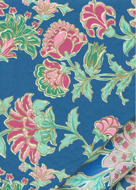 "Papier de coton" Floralies rose menthe fond bleu vif (55x76)