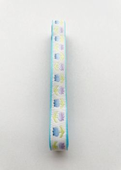 Ruban décoratif tulipes fond blanc liseret turquoise (L:2m / l:1cm)