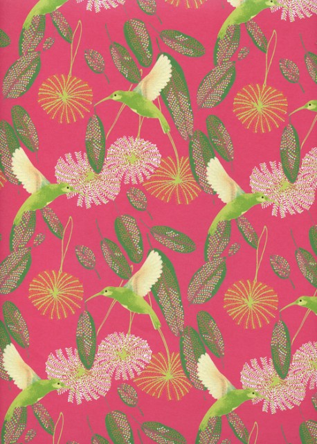 Les colibris vert anis fond fuschia (50x70)