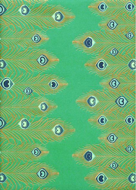 Plumes de paon or sur fond vert jade (50x70)
