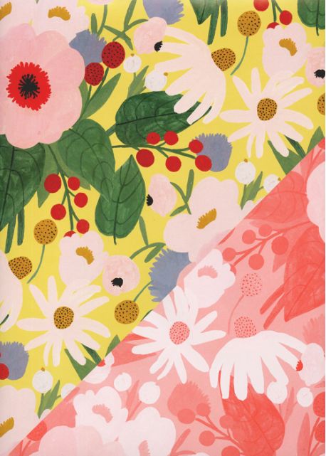 Recto verso "Fleurs stylisées fond jaune / floral corail" (50x70)