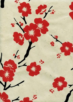 Papier lokta cerisier en fleurs noir et rouge fond naturel (50x75)