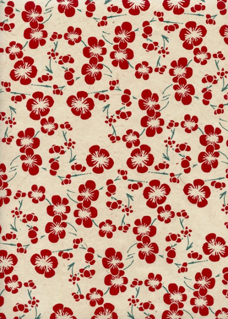 Papier lokta petites fleurs de cerisier rouges fond ivoire (50x75)