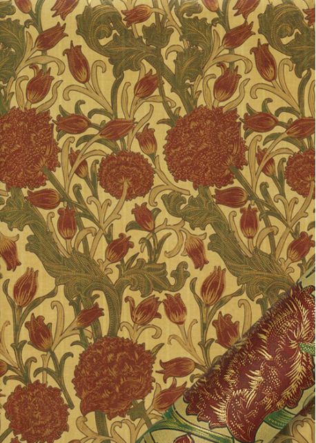 Ramage fleuri bordeaux et vert sur fond beige (50x68)