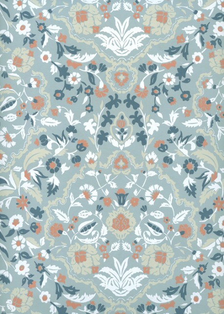 "Papier de coton" Tapisserie blanc et bleu fond bleu tendre (55x76)