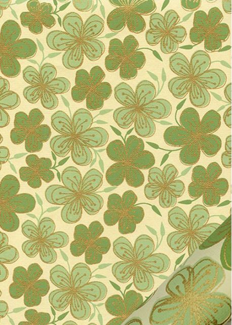 "Fleurs de prunier" vert et beige réhaussé or (50x70)