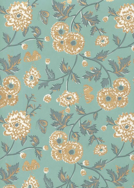 "Papier de coton" Floralies or et gris fond bleu (55x76)