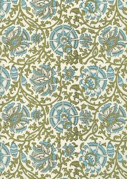 "Papier de coton" Rosaces de fleurs olive et bleu (55x76)