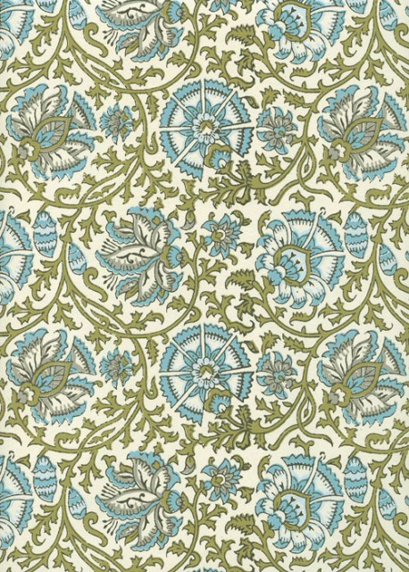 "Papier de coton" Rosaces de fleurs olive et bleu (55x76)
