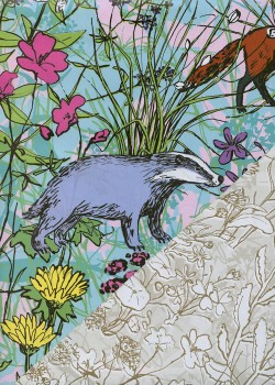 Recto verso "oiseaux et animaux dans la foret / feuillage or" (50x70)