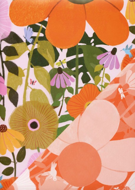 Recto verso "Fleurs stylisées fond jaune / floral corail" (50x70)
